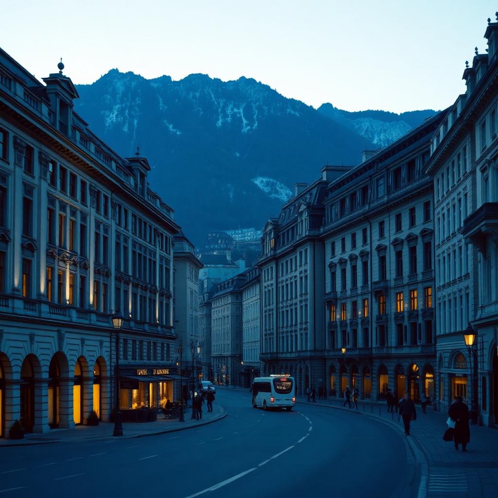 Classical European stone facades on a Swiss city boulevard with Alpine peaks rising behind