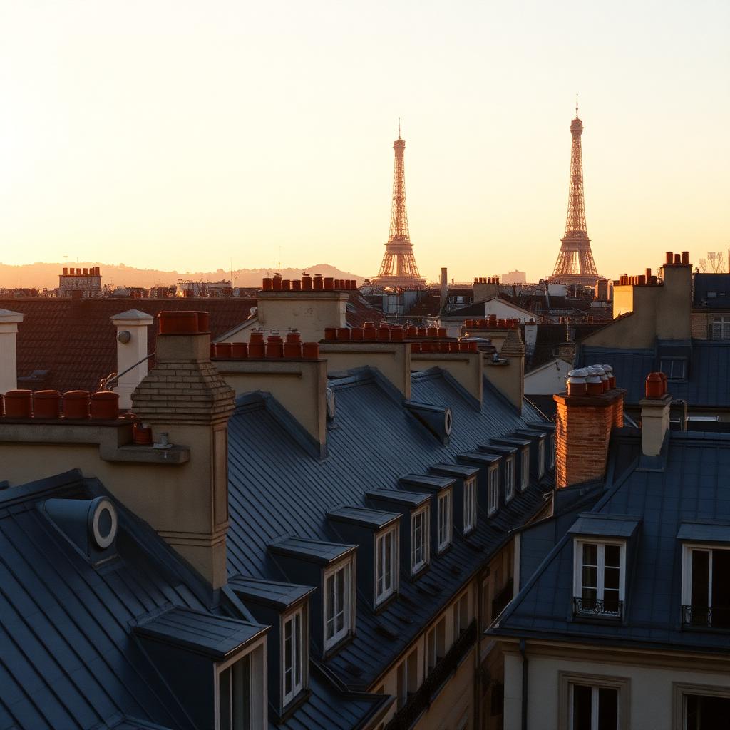 Zinc rooftops of central Paris at golden hour with the Eiffel Tower in the distance