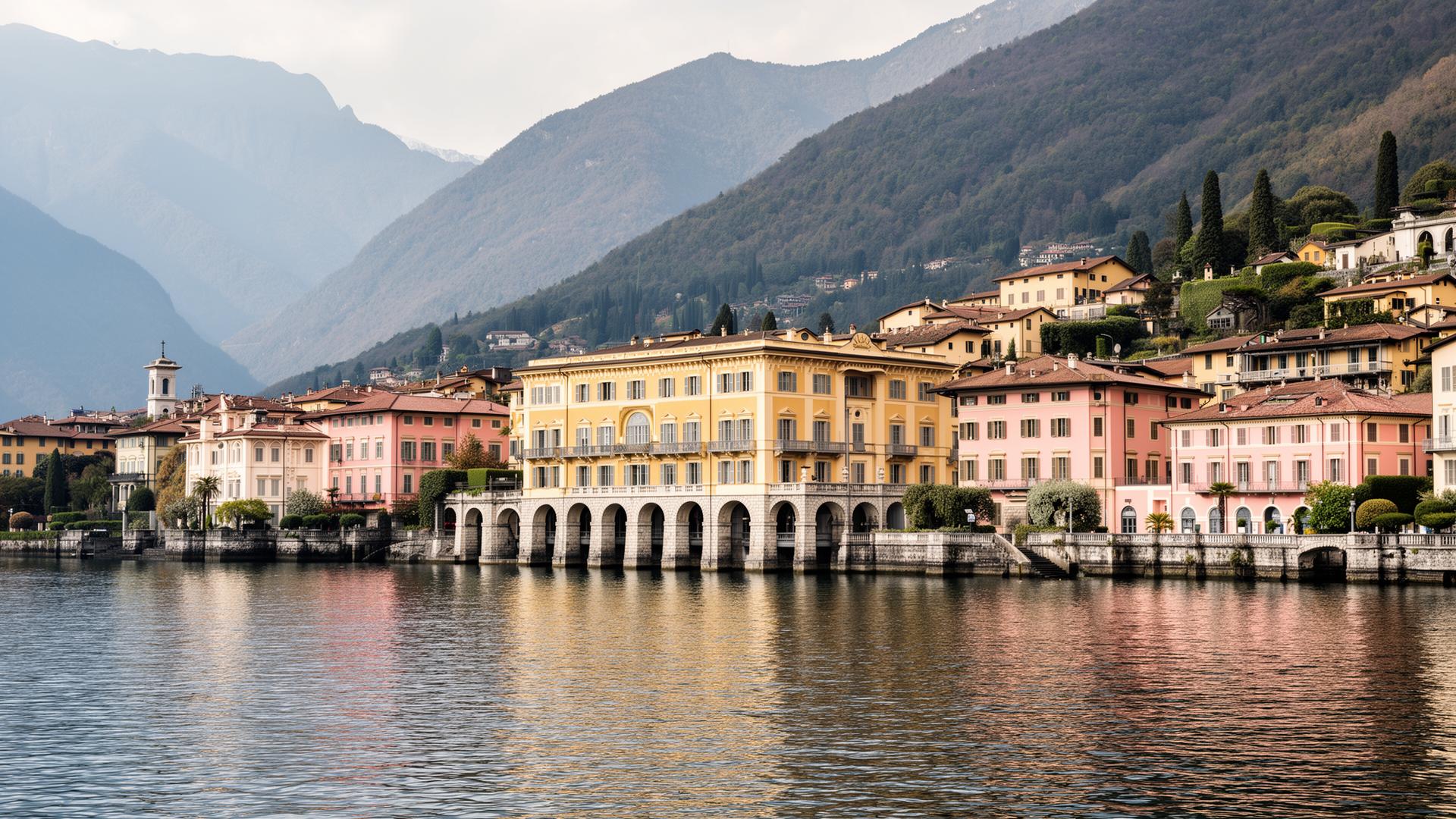 Pastellfarbene Seepalazzi von Bellagio am Comer See vor den umliegenden Bergen