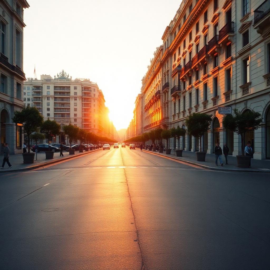 Boulevard im Zentrum Madrids mit klassischen Fassaden im Abendlicht