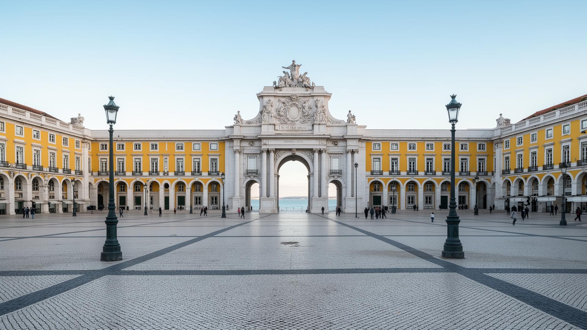 Praça do Comércio in Lissabon mit den gelben Arkaden und dem Rua-Augusta-Bogen