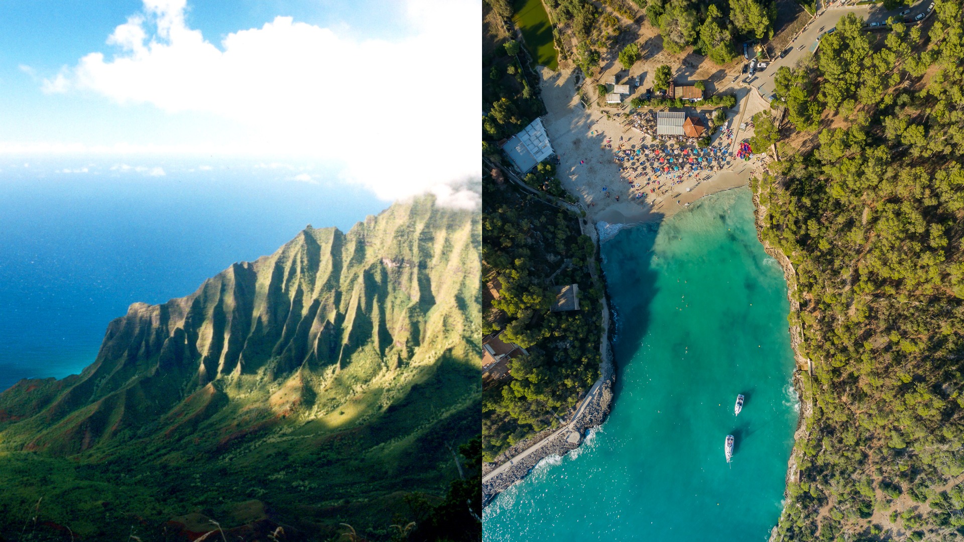 Die dramatische Na Pali Küste auf Kauai, Hawaii, und die türkisfarbene Küste Mallorcas