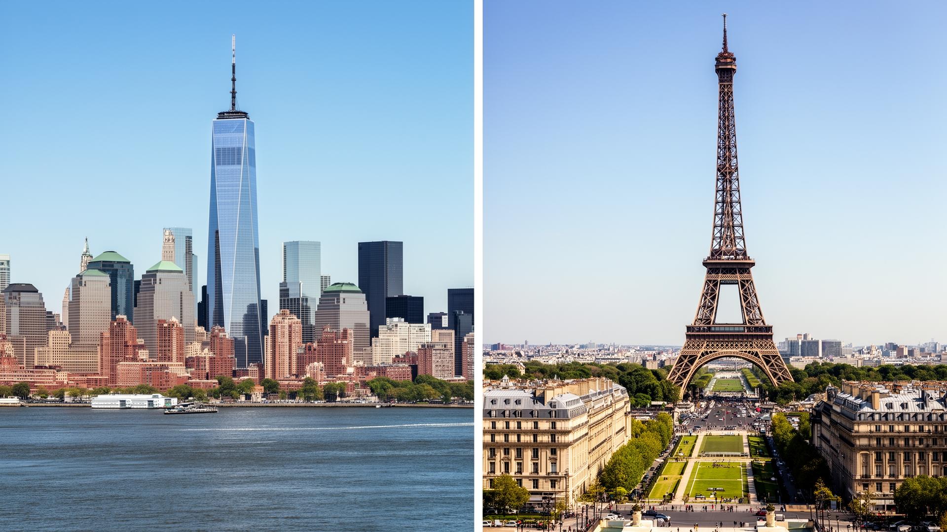 Lower Manhattan mit One World Trade neben dem Eiffelturm über Paris